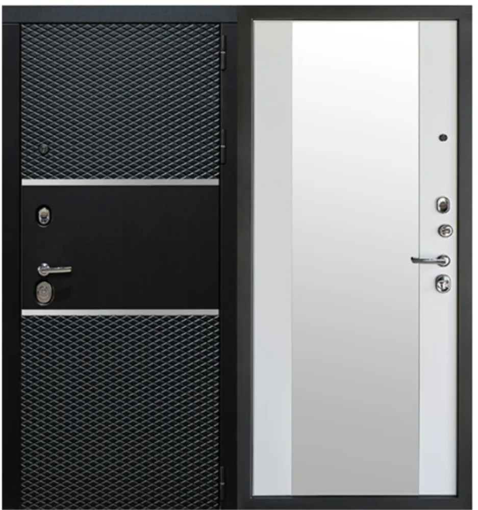 Дверь входная мет. ДМ Диамант Тепла МДФ Черный кварц/зеркало белый матовый 205х96 правая Дверь входная мет. ДМ Диамант Тепла МДФ Черный кварц/зеркало белый матовый 205х96 правая