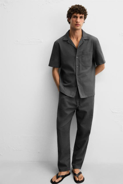 ZARA БРЮКИ ИЗ ХЛОПКА И ЛЬНА, СЕРЫЙ