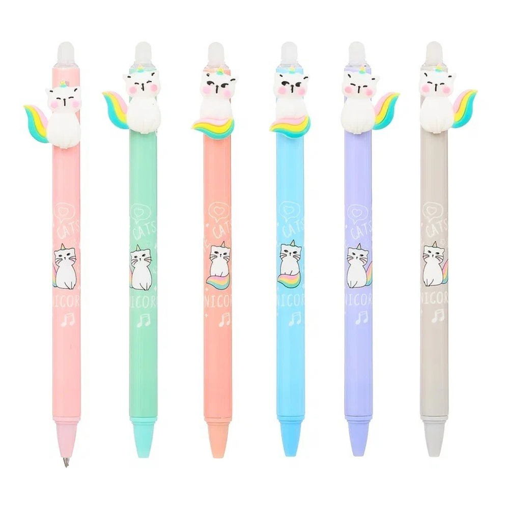 Ручка гелевая, пиши-стирай, автоматическая, Basir, синие чернила, серия "Кот-единорог", с игрушкой, 36 шт