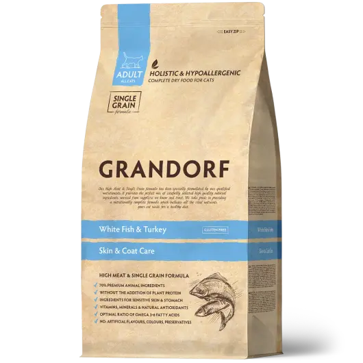 Сухой низкозерновой корм GRANDORF CAT White Fish&Turkey SKIN&CARE Белая рыба с индейкой 0,4кг