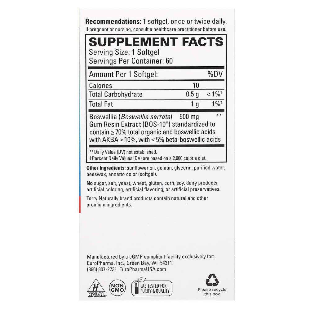 Terry Naturally, BosMed 500, босвеллия, улучшенная формула, 60 капсул (500 мг в 1 капсуле)