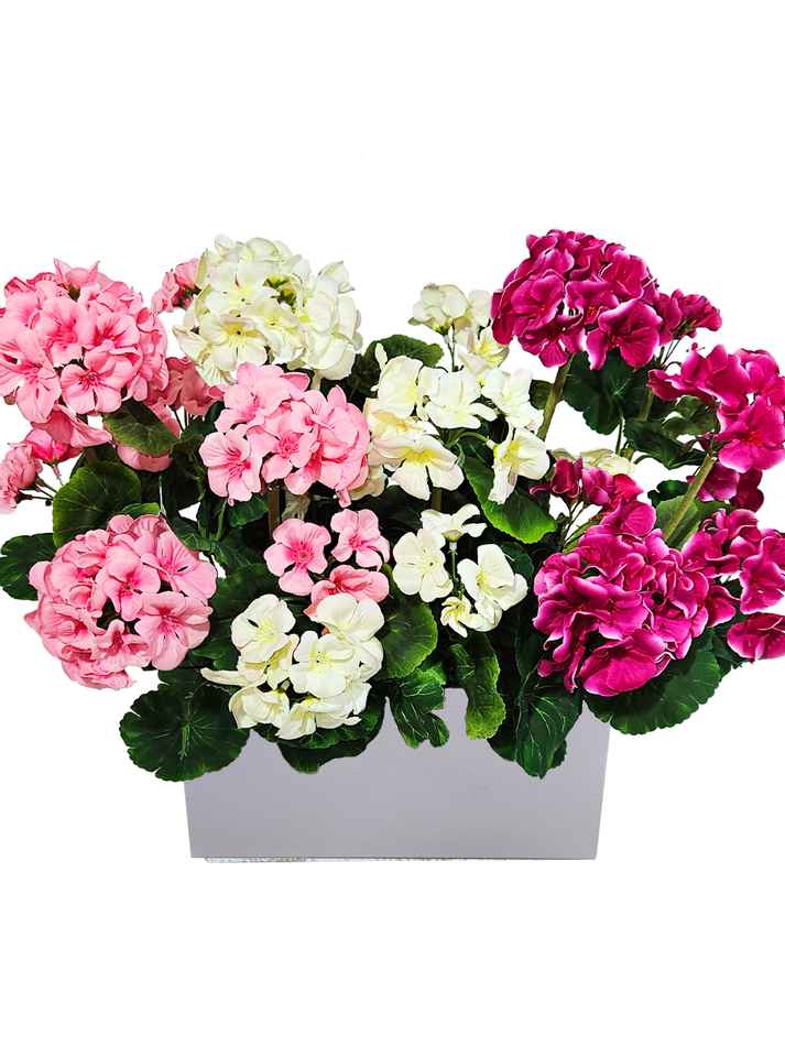 Искусственные цветы Герань 3-х цветная 50см в длинном светлом кашпо