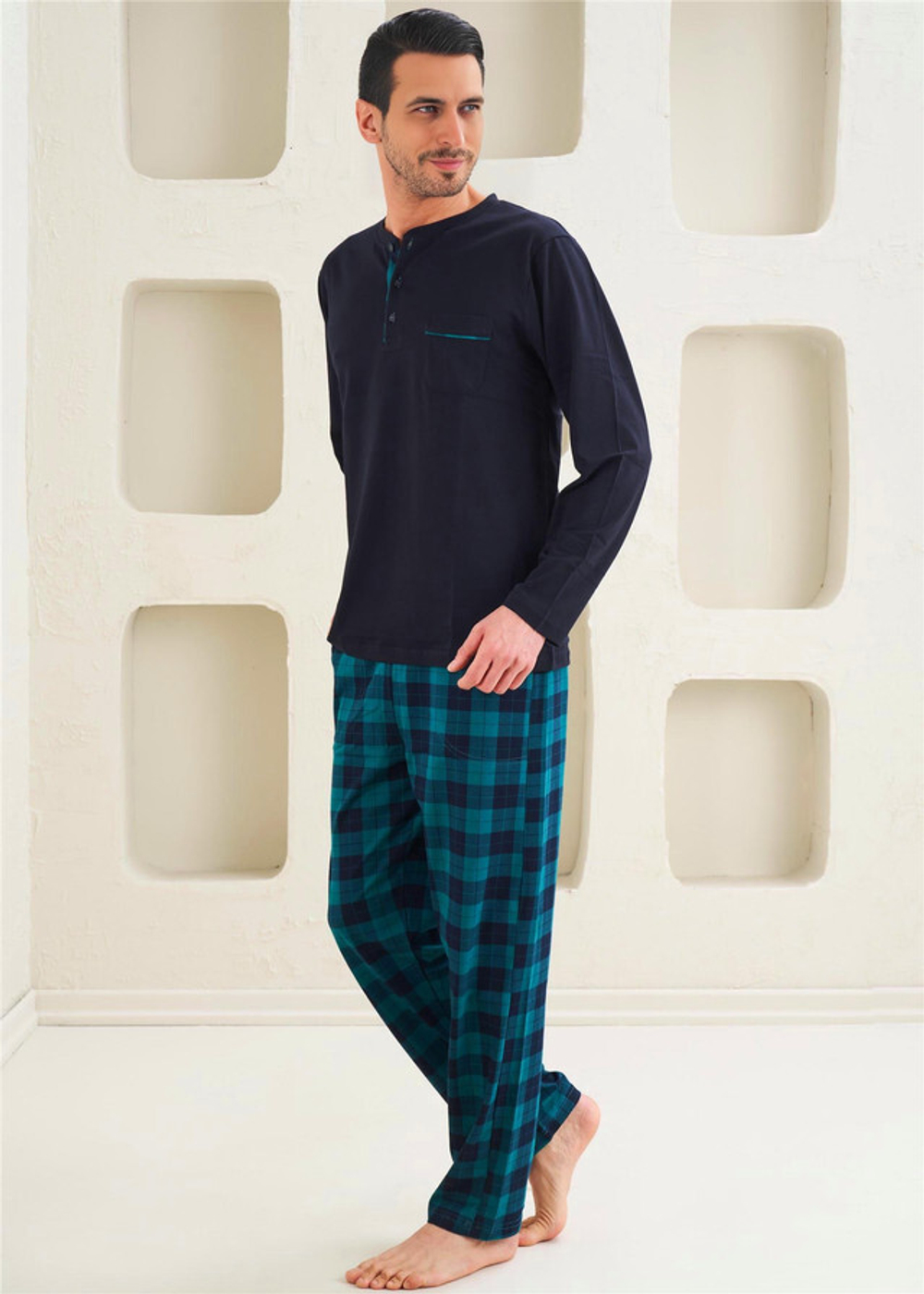 Мужская Пижама 2-х предметная - Классический стиль, средняя плотность, уникальный дизайн - Зеленая клетка - 10810