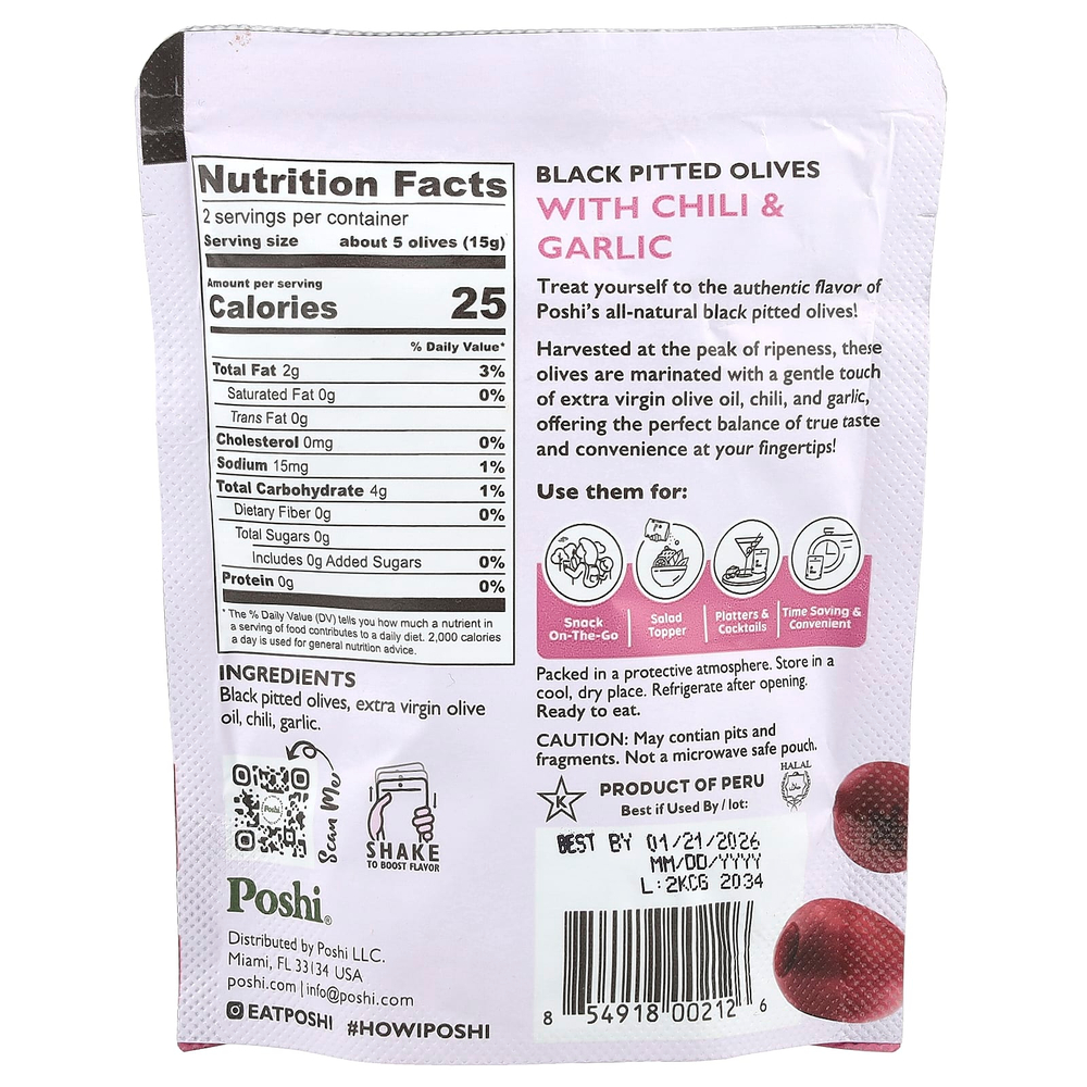 Poshi, Snacks, черные оливки премиального качества, перец чили и чеснок, 30 г (1,1 унции)