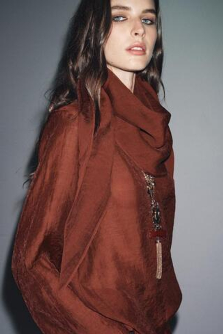 ZARA БЛУЗА СВОБОДНОГО КРОЯ С ПЛАТКОМ-ТРАНСФОРМЕРОМ — ZW COLLECTION, ЧЕРЕПИЧНЫЙ