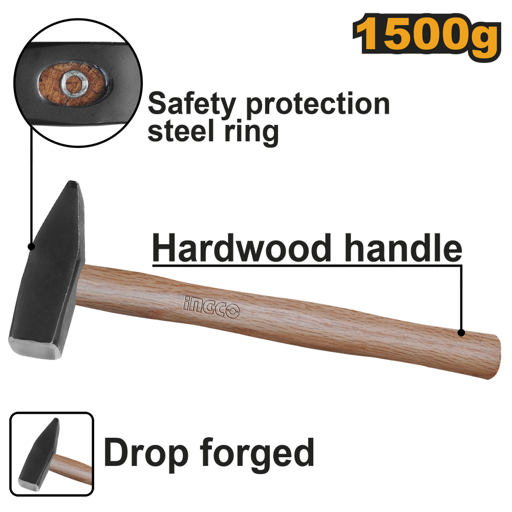 Молоток слесарный INGCO HMH041500 с деревянной рукояткой 1500 г
