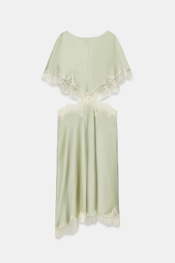ZARA ПЛАТЬЕ МИДИ С ВЫРЕЗОМ И КРУЖЕВОМ — ZW COLLECTION, ВОДЯНИСТО-ЗЕЛЕНЫЙ