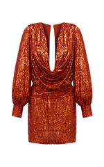 Платье мини из пайеток драпированное с длинными рукавами