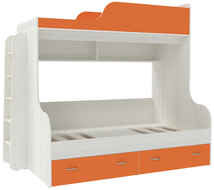 Двухъярусная кровать КарИВи Дуэт-15 с деревянной лестницей Белое Дерево Оранжевый