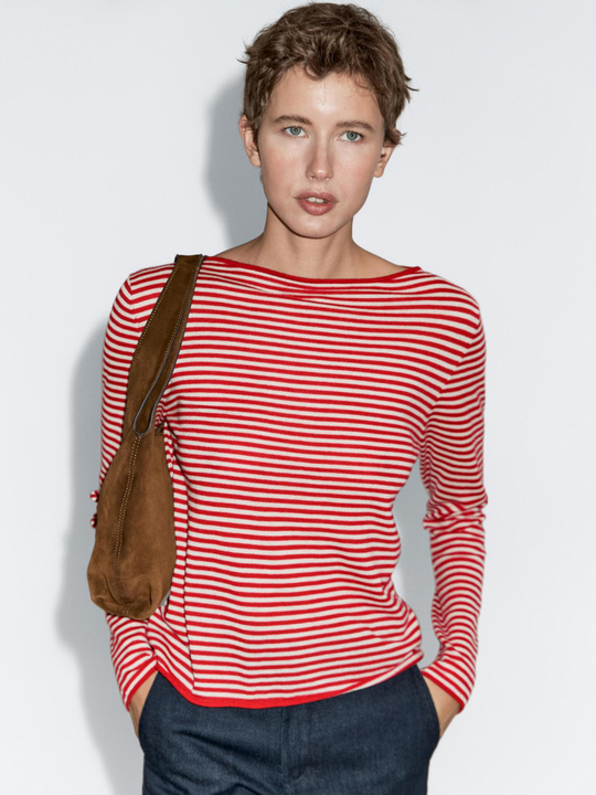 Massimo Dutti Свитер в полоску с длинными рукавами, красный