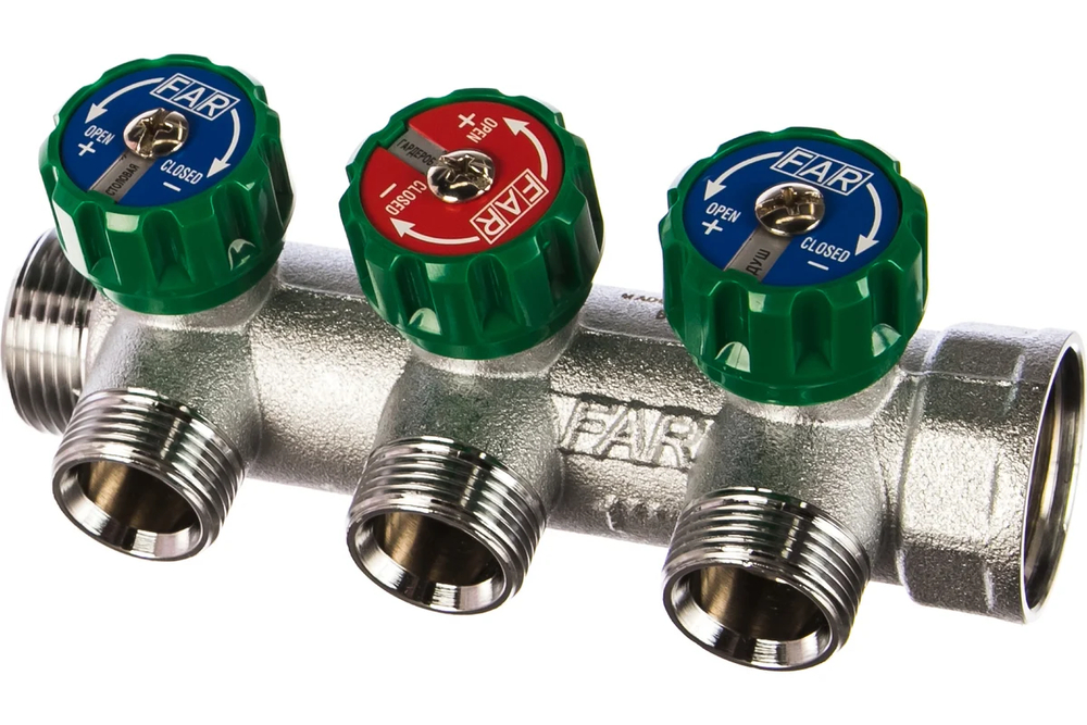 Регулирующий коллектор 1" (ВР-НР) с 3 отв. 3/4" EU с вставкой под плоское уплотнение