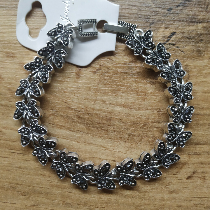 Браслет Венеция бабочки стразы графит металл черненый серебристый