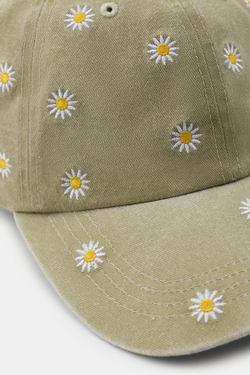 ZARA КЕПКА ИЗ ТВИЛА С ЦВЕТОЧНОЙ ВЫШИВКОЙ, ХАКИ