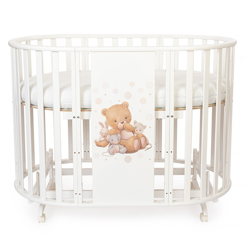 Кроватка-трансформер овальная Vikalex Мишкина Компания с маятником белый