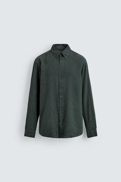 ZARA РУБАШКА ИЗ 100% ЛЬНА, ТЕМНО-ЗЕЛЕНЫЙ