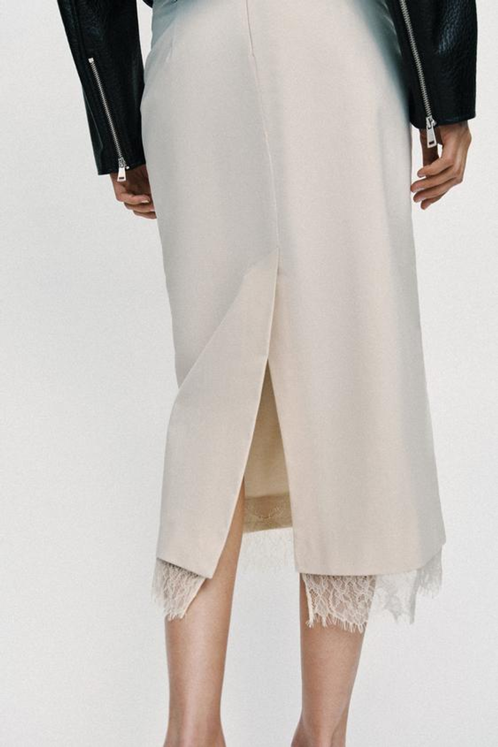 ZARA ЮБКА МИДИ С КРУЖЕВОМ, КОСТЯНОЙ