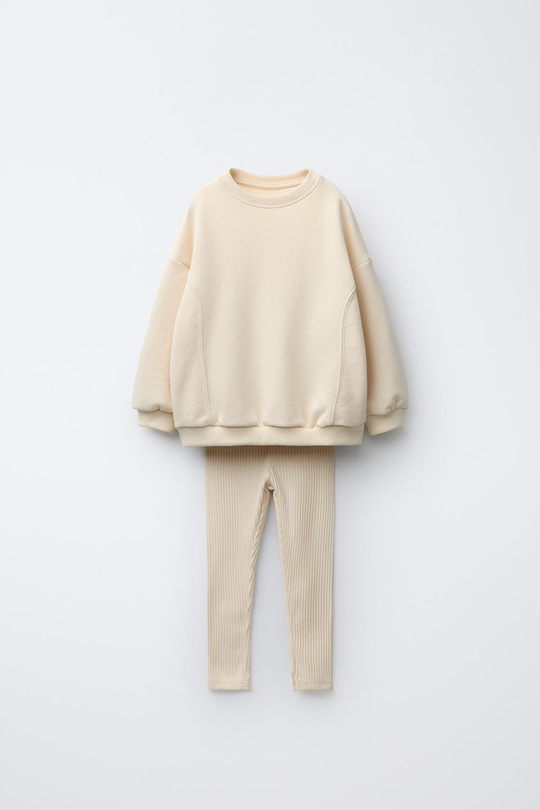 ZARA КОМПЛЕКТ С ТОЛСТОВКОЙ С БАНТОМ И ЛЕГИНСАМИ В РУБЧИК, ЭКРЮ/ЖЕЛТЫЙ