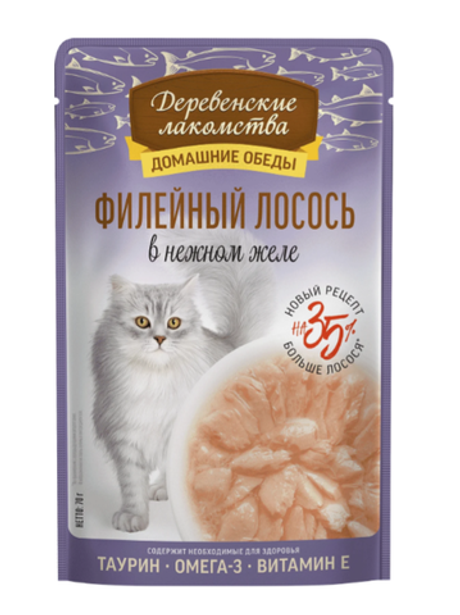 Деревенские Лакомства Пауч для кошек Филейный Лосось в желе, 70гр