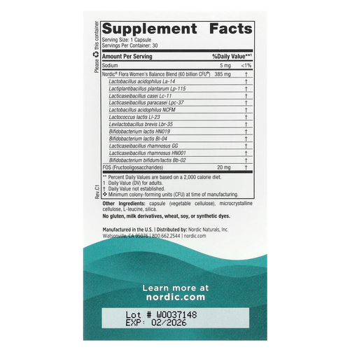 Nordic Naturals, Nordic Flora Probiotic, баланс для женщин, 30 капсул