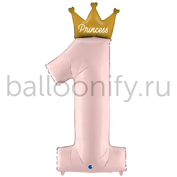 Шар ЦИФРА 1 PRINCESS с короной розов 46" 116 см