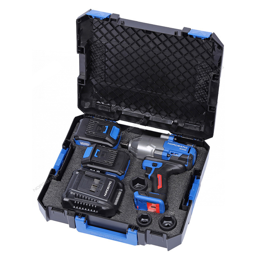 NORDBERG (NE806K-1/2) Гайковерт аккумуляторный, 1/2", 21В, 1500 Нм с двумя 6A акк. и зар. уст-вом, в кейсе