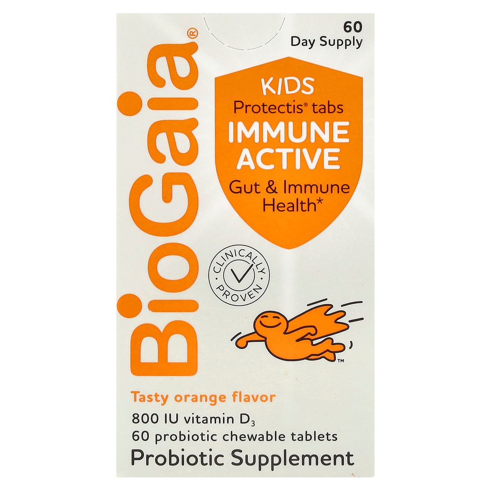 BioGaia, Kids, Immune Active with L. Reuteri + витамин D, апельсин, 60 жевательных таблеток с пробиотиками