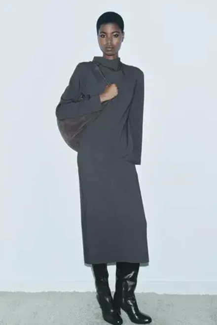 ZARA ПЛАТЬЕ МИДИ С РАЗРЕЗОМ — ZW COLLECTION, СЕРЫЙ