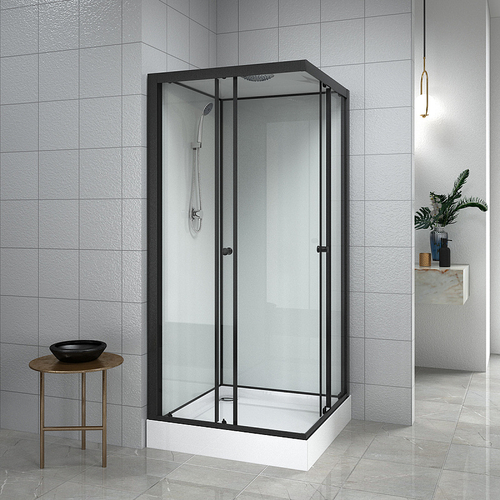 Душевая кабина Loranto NEO 90x90x(190+15) с низким поддоном 15см, прозрачное закаленное стекло 5 мм, задние стеклянные стенки белые, профиль черный-матовый (CS-22110)