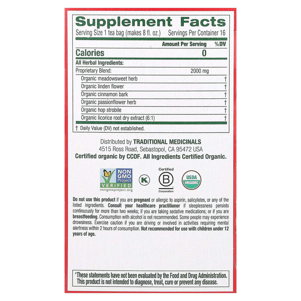 Traditional Medicinals, Organic Cold Care PM, таволга и корица, без кофеина, 16 чайных пакетиков в упаковке, 32 г (1,13 унции)