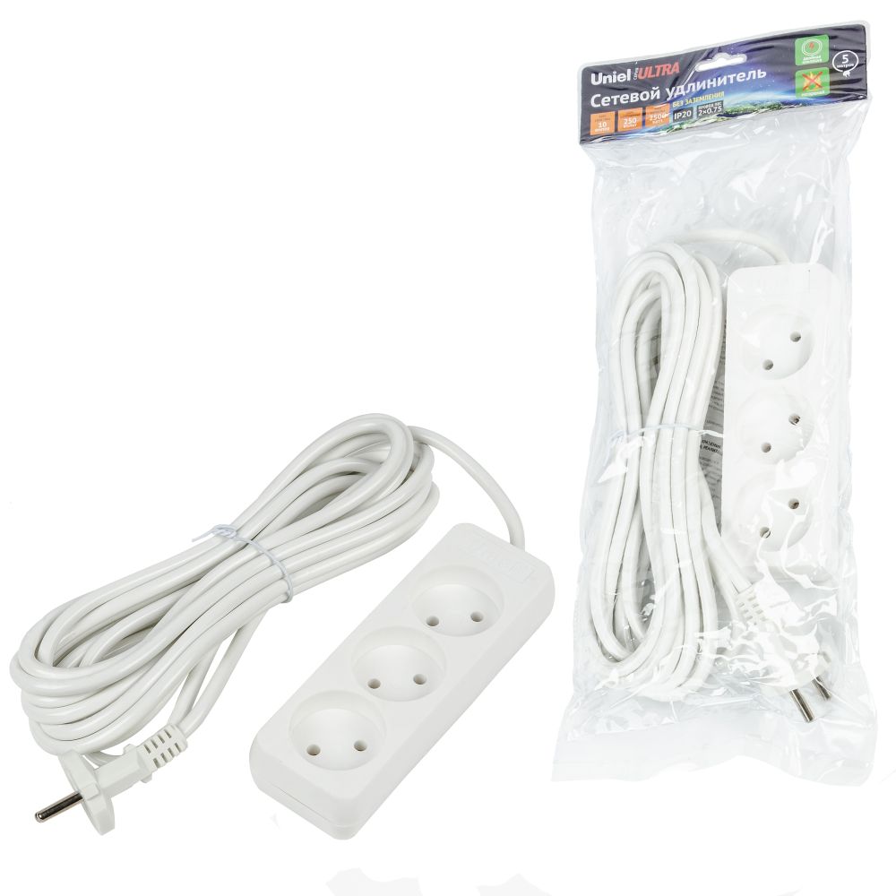 S-CU3-5 WHITE Удлинитель серии Ultra, шнур 5м., 3 гнезда, 10A, б/з. Белый. TM Uniel