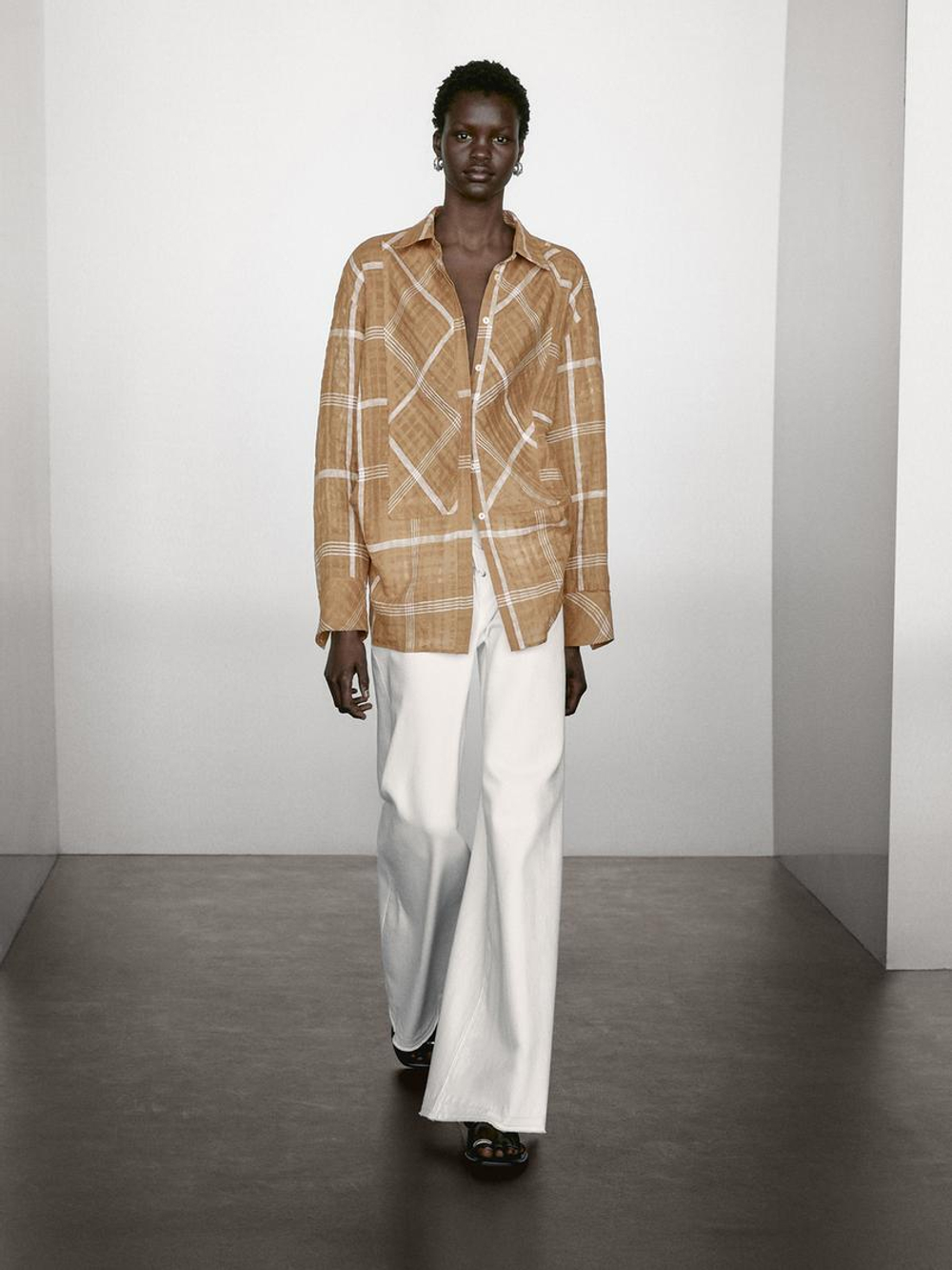 Massimo Dutti Рубашка из струящегося смесового льна в клетку, горчично-желтый