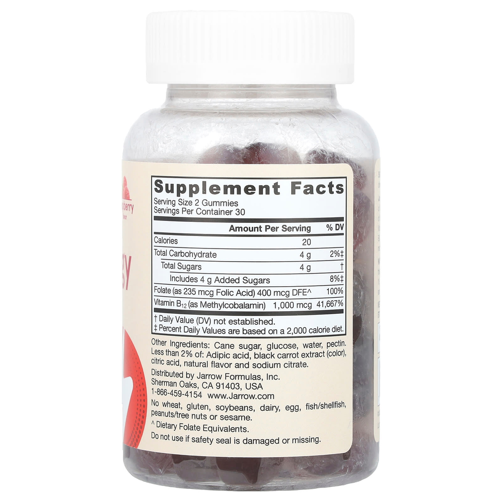Jarrow Formulas, Веганские жевательные мармеладки с витамином B12, малина, 60 жевательных мармеладок