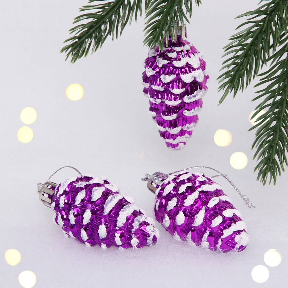 Елочные игрушки «Шишечки в инее» 5,5 см (набор 3 шт), Фиолетовый