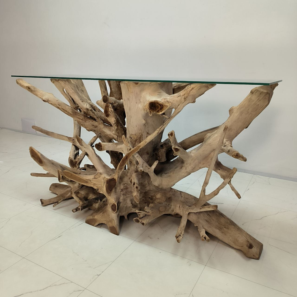 Консоль из корня тикового дерева 50091 со стеклом (150*47*85)
