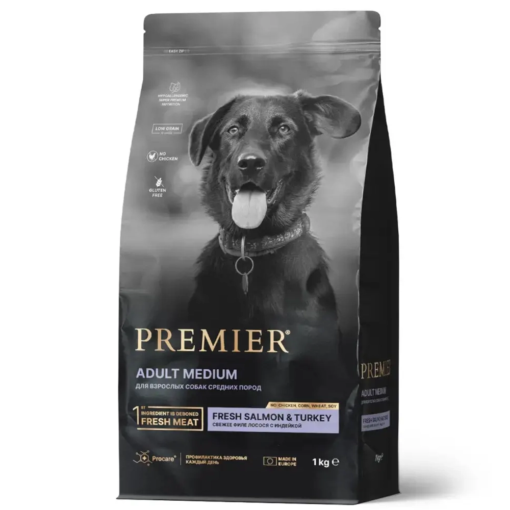 Premier dog salmon & turkey adult medium сухой корм для собак средних пород, свежее филе лосося с индейкой - 1 кг