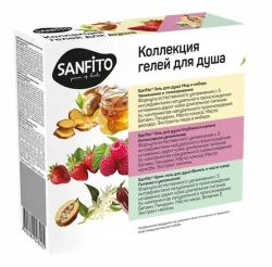 Sanfito Набор :гель для душа мед и имбирь, клубника и малина, ваниль и масло какао, по 150мл., блок 8шт., Санфито