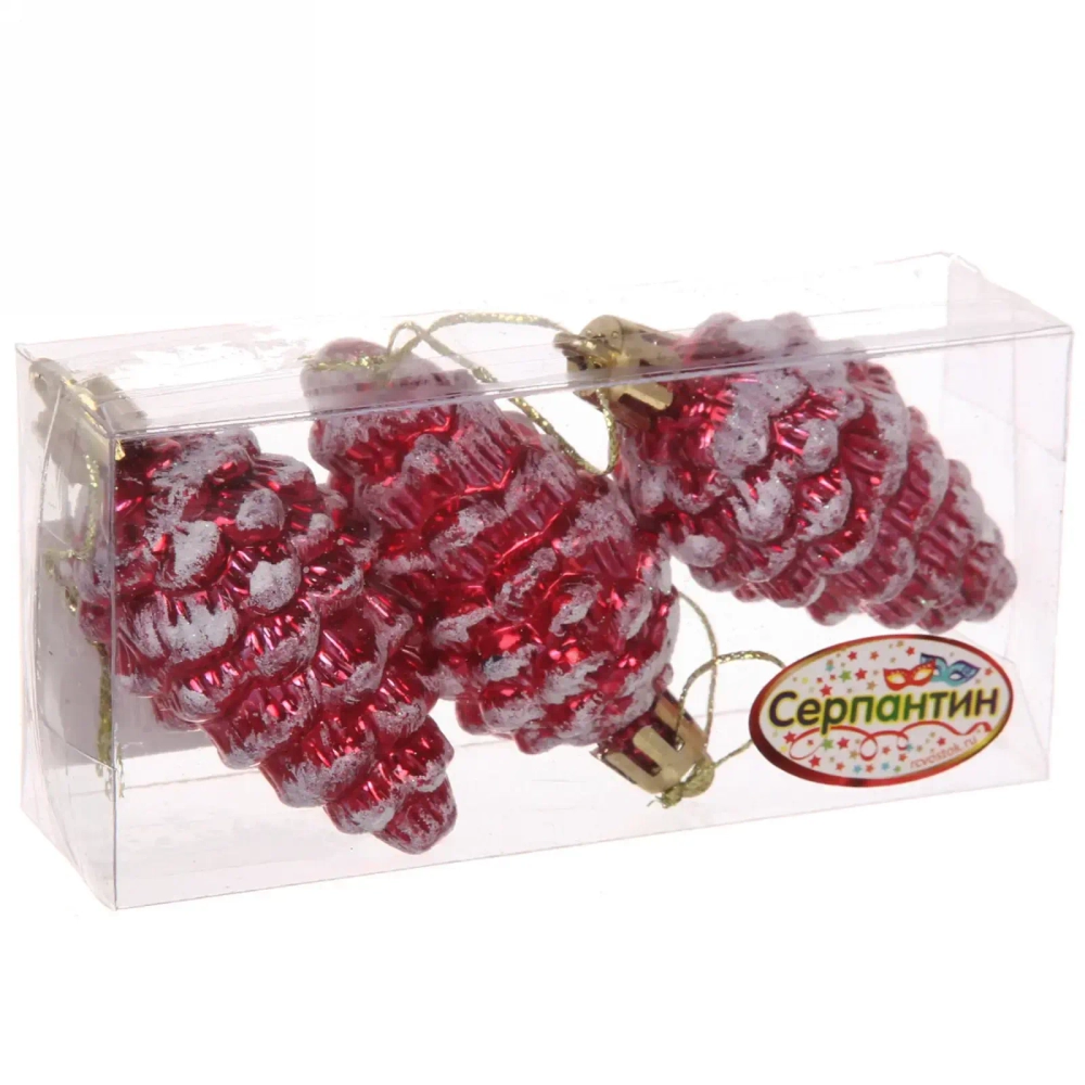 Елочные игрушки «Шишечки в инее» 5,5 см (набор 3 шт), Красный