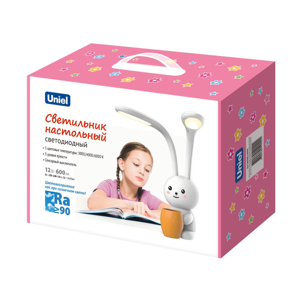 ULM-D160 12W-3000-6000K-DIM WHITE Светильник настольный светодиодный Заяц. с подставкой под канцелярские принадлежности. Сенсорный выключатель. Диммер. Белый. TM Uniel