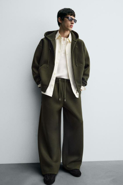 ZARA БРЮКИ INTERLOCK WIDE FIT, ТЕМНО-ЗЕЛЕНЫЙ