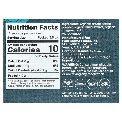 Four Sigmatic, растворимый органический кофе с грибами рейши и чага, успокаивающий, средней обжарки, 10 пакетиков по 2,5 г (0,09 унции)