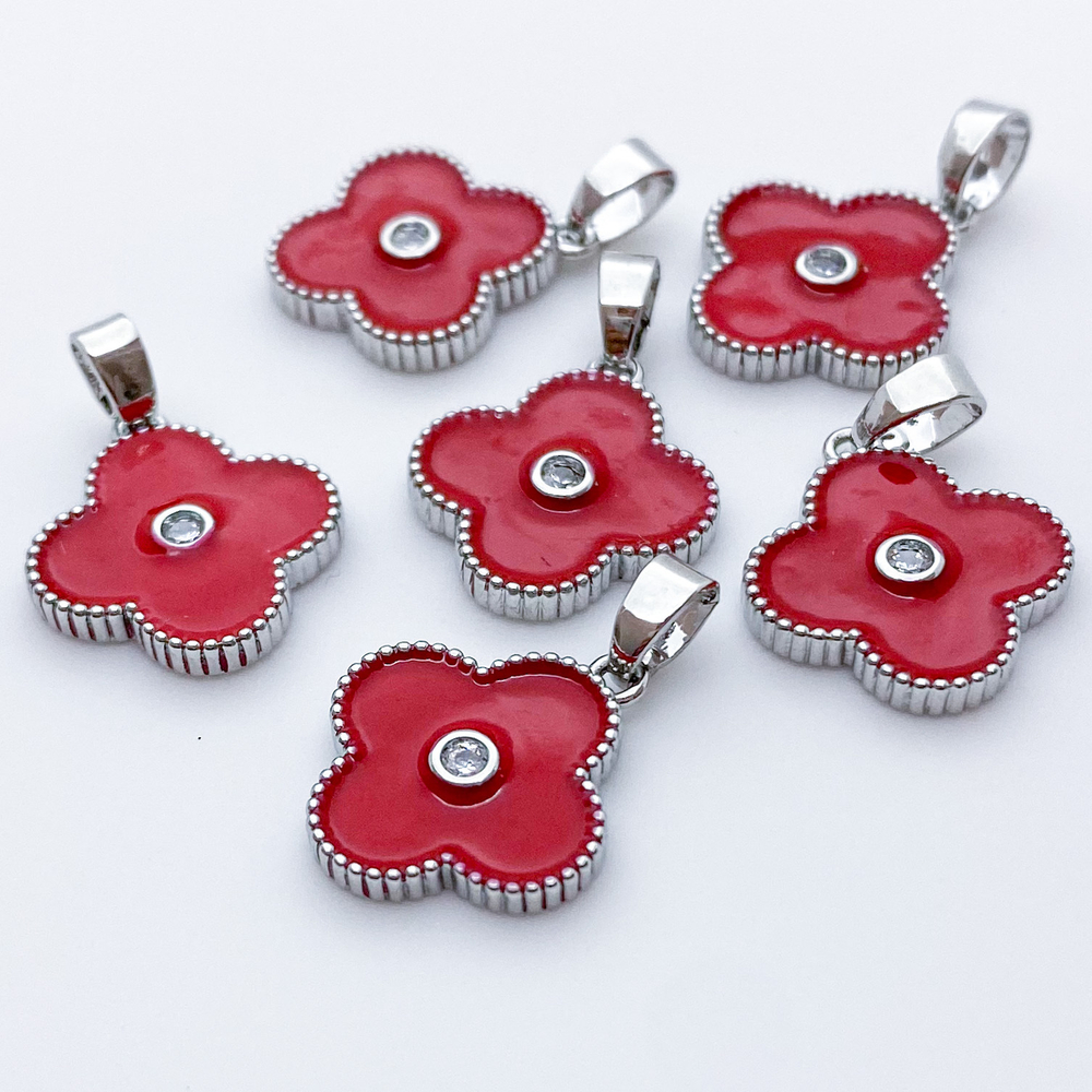 Подвеска Клевер, цвет серебро+красный, размер 16*14 мм, цена за 1 шт