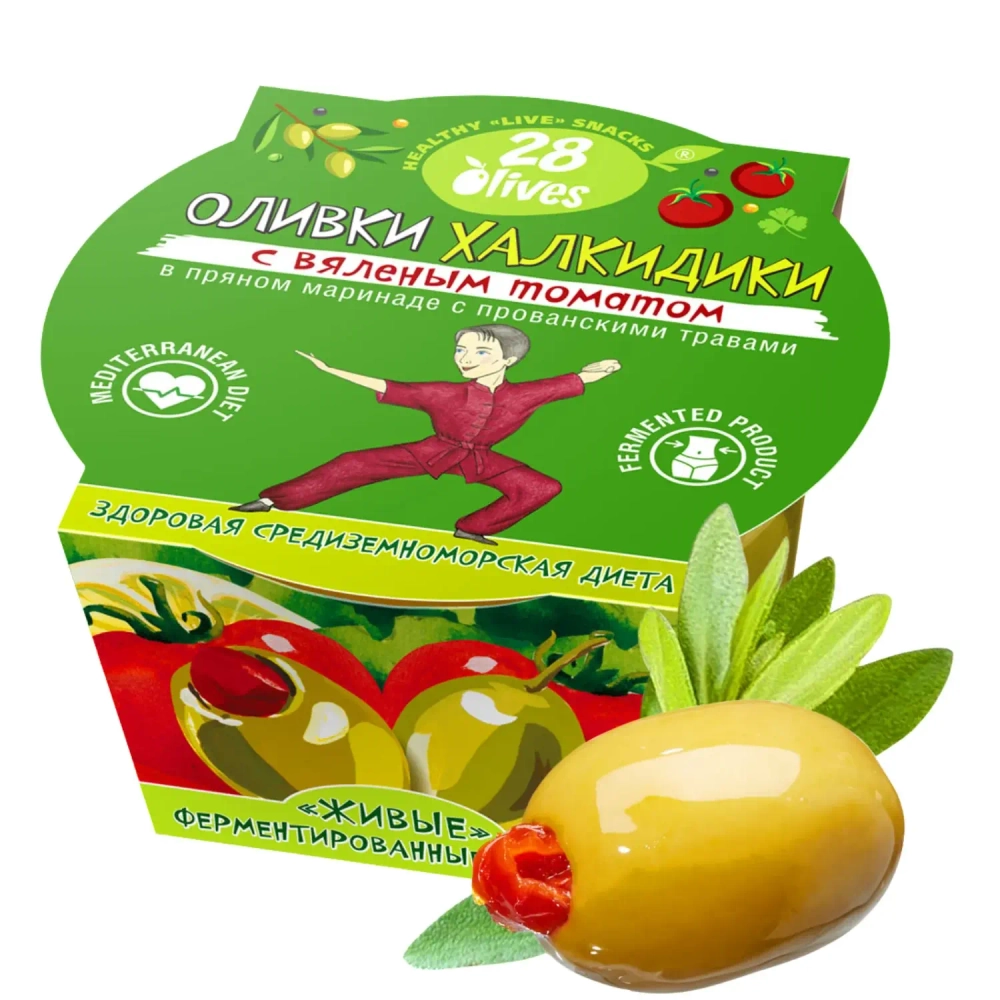 Оливки Халкидики с вяленым томатом в маринаде с прованскими травами 28Olives, 150 г, упаковка с оливкой