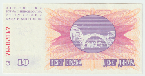 Bosnia and Herzegovina, 10 Dinara, 1992, UNC