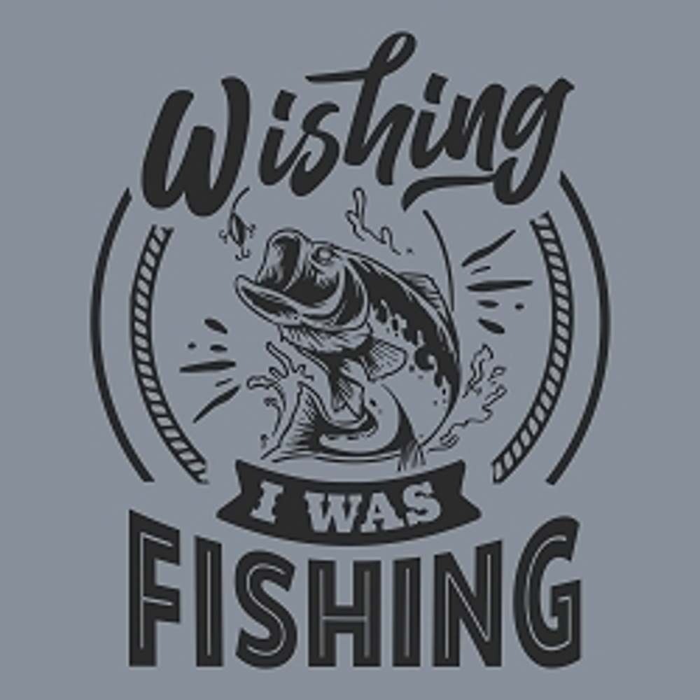 принт PewPewCat  Wishing I was fishing черный на серой футболке