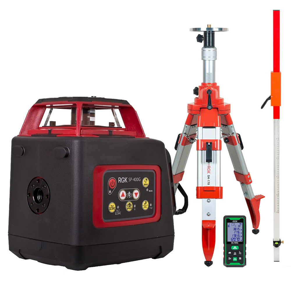 Комплект: ротационный нивелир RGK SP-400G + элевационный штатив RGK SH-170 + рейка RGK LR-2 + дальномер RGK DL100G