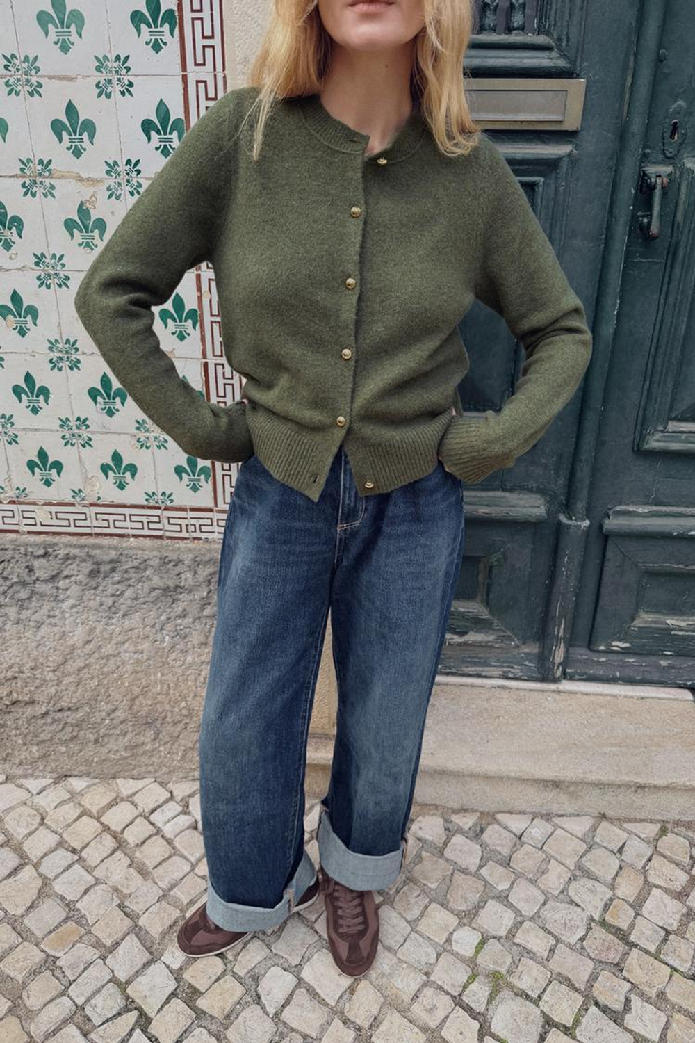 ZARА КАРДИГАН С КРУГЛЫМИ ПУГОВИЦАМИ, ЗЕЛЕНЫЙ МЕЛАНЖ