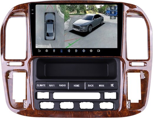 Магнитола для Toyota Land Cruiser 100, Lexus LX470 1998-2002 (климат на ШГУ, рамка дерево) - FarCar BX9-360-9608F4 монитор 9.5" 2K QLED на Android 13, 6Гб+128Гб, CarPlay, 4G SIM-слот, 4 камеры в комплекте