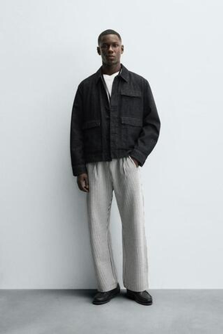 ZARA БРЮКИ ИЗ ЖАТОГО ХЛОПКА В ПОЛОСКУ COMFORT, СИНИЙ/БЕЛЫЙ