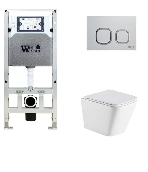 Унитаз подвесной WeltWasser AMBERG 506 ST + GELBACH 043 MT-WT + AMBERG RD-WT белый матовый, безободковый, с крышкой микролифт, слив-торнадо, с инсталляцией и белой кнопкой