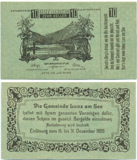 Австрия 10 геллеров 1920 Лунц-ам-Зе aUNC